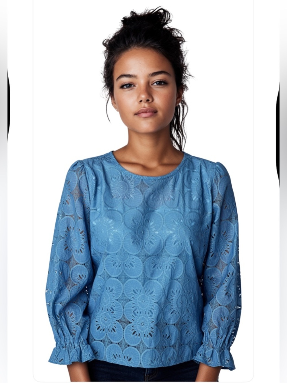 NWT- turquoise Eyelet Long Sleeve 
Hollow Out Crochet Lace Embroidered Top